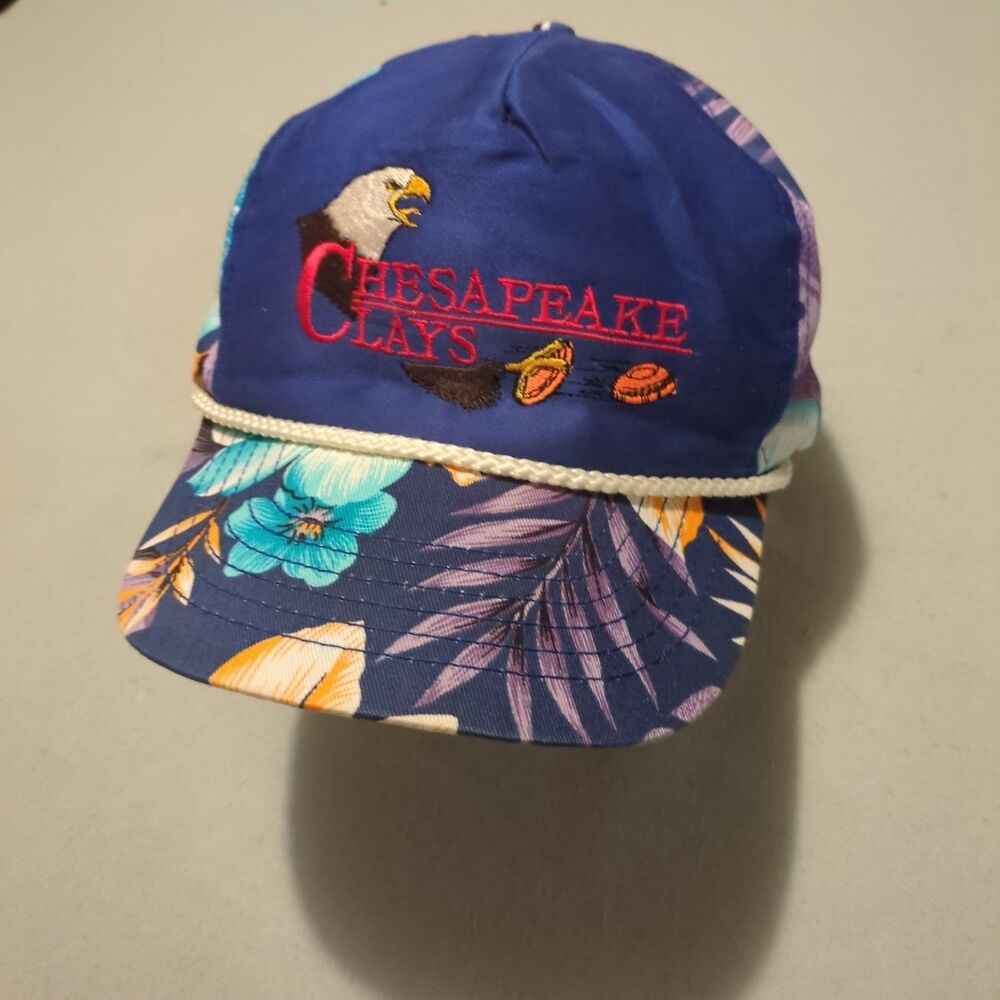 Vintage 90s Chesapeake Clays Floral Hawaiian Rope Hat Eagle Clay Target Blue - Picture 2 of 5